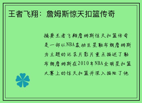 王者飞翔：詹姆斯惊天扣篮传奇